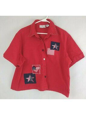 Sara Studio Woman Patriotic Short Sleeve Red Blouse With Star Buttons Size 3X